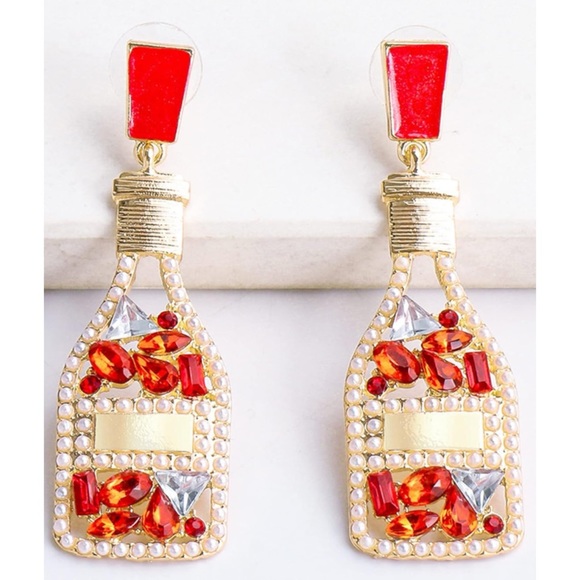 Red Champagne Bottle Earrings - Picture 4 of 7